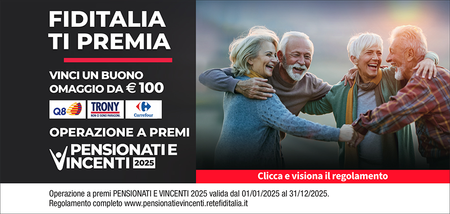 Agenzia Aesse Solutions S.a.s. Fiditalia | Palermo, Trapani, Mazara Del Vallo | Fiditalia ti premia - Vicni un omaggio da €100. Operazione a premi. Clicca e visiona il regolamento. Operazione a premi PENSIONATI E VINCENTI 2025 valida dal 01/01/2025 al 31/12/2025. Regolamento completo www.pensionatievincenti.retefiditalia.it